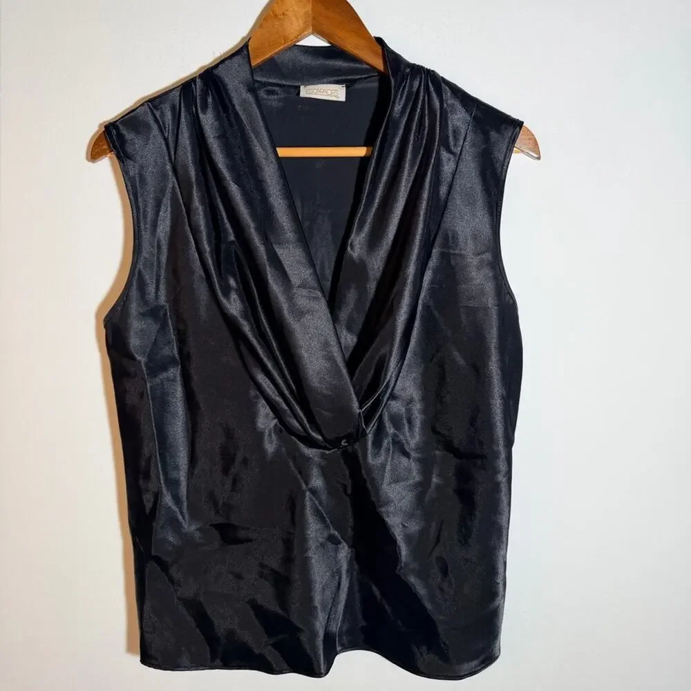 Vintage 80’s Elegant Black Satin Drape Top - Picture 2 of 5